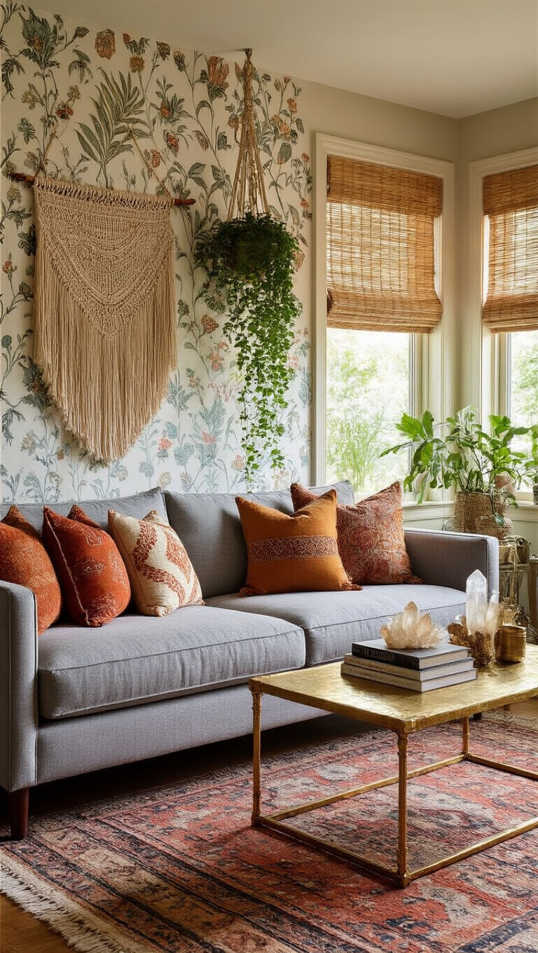 Cozy boho eclectic room with grey sofa, vintage Moroccan pillows, brass coffee table, macramé wall hanging, and warm filtered light.