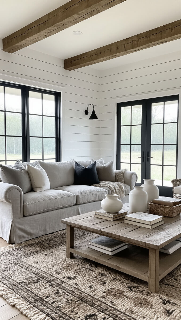 Modern farmhouse great room with vaulted ceiling, grey slipcovered sofa, vintage-style rug, shiplap walls, black-framed windows, and rustic decor in natural morning light.