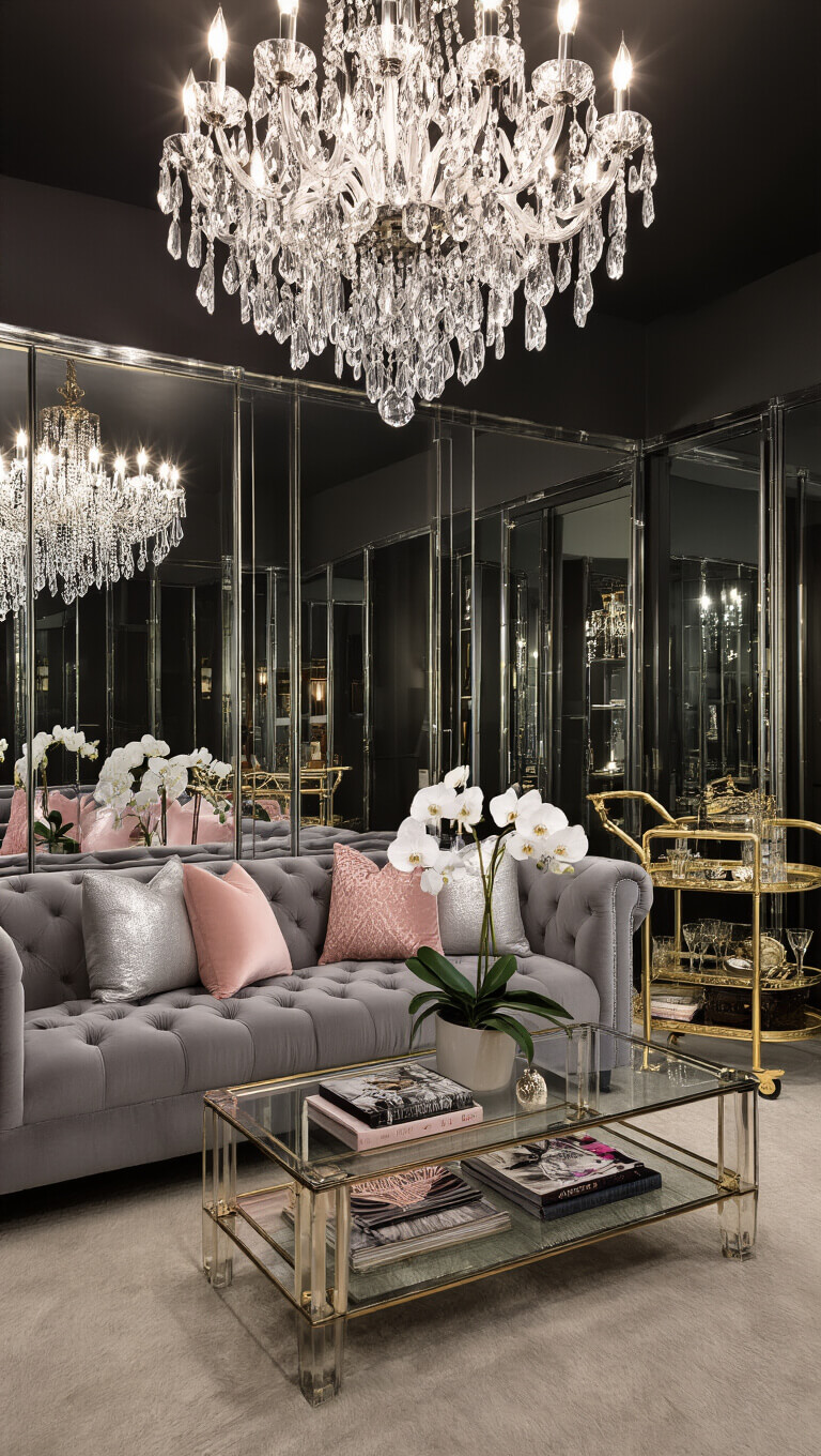 Luxurious glam living room with grey velvet sofa, crystal chandelier, mirrored walls, brass bar cart, and Lucite coffee table under dramatic evening lighting.