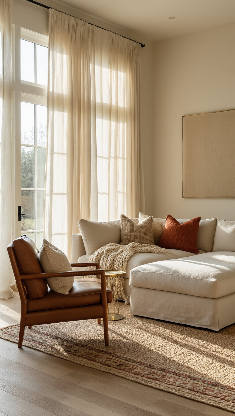 Sunlit living room with beige sectional, leather armchair, layered rugs, and warm golden hour lighting filtering through sheer curtains.