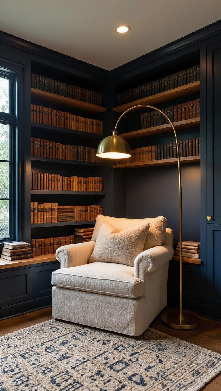 Moody reading nook at dusk with navy built-in bookshelves, oversized oatmeal armchair, brass arc lamp, and geometric wool rug.