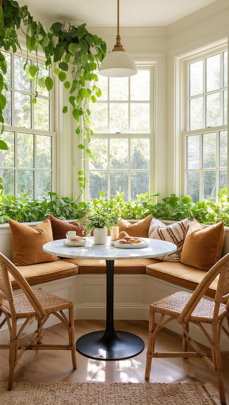 Sunlit breakfast nook with bay window, camel velvet bench seating, marble bistro table, rattan chairs, and pothos plants framing bright morning light.