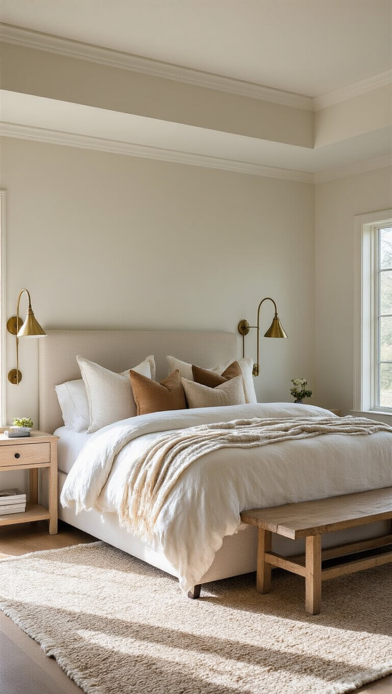 Serene master bedroom with king bed in rumpled white linen, brass sconces, floating oak nightstands, and Moroccan rug, bathed in morning light.