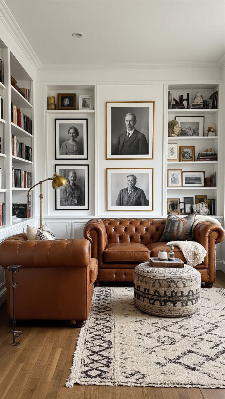 Cozy 12x14ft den with cognac leather Chesterfield sofa, kilim ottoman, brass floor lamp, floor-to-ceiling library wall, and gallery of black and white family photos in gold frames.