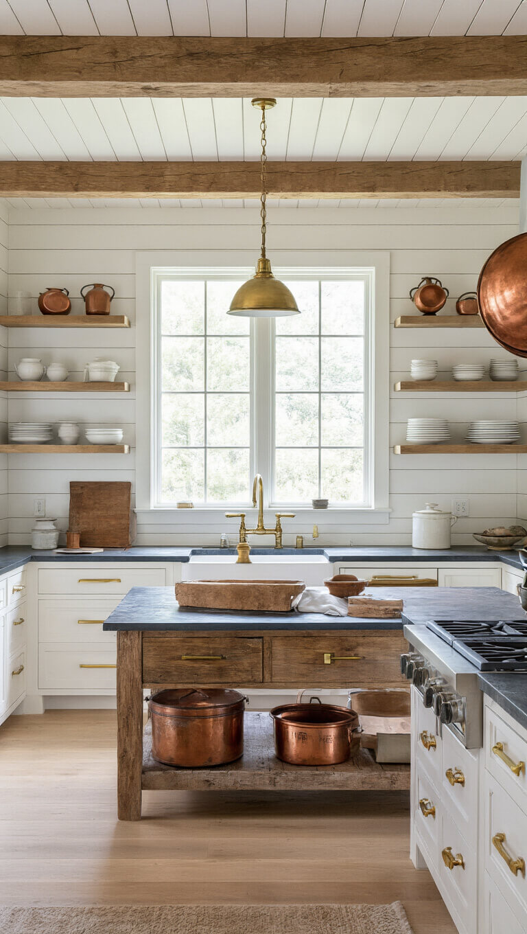 Modern farmhouse kitchen with shiplap ceiling, soapstone counters, warm white cabinets, brass hardware, reclaimed wood island, and vintage decor accents.