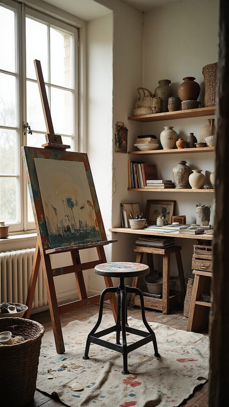 Cozy artist's studio corner with French easel, industrial stool, and textured decor bathed in golden hour light.