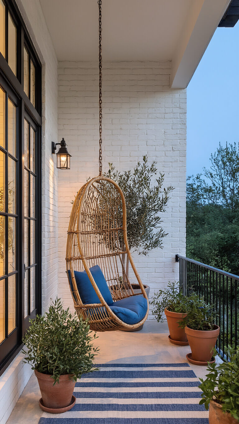 Covered porch with white-washed brick walls, black steel-framed windows, a vintage rattan hanging chair, coastal blue cushions, and potted olive trees at blue hour.