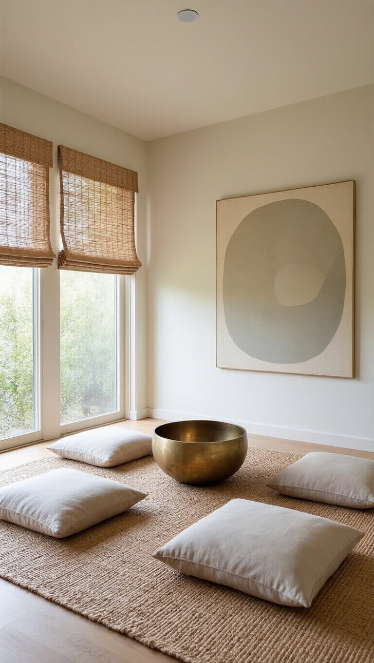 Peaceful meditation room with floor cushions around brass singing bowl, bamboo shades filtering light, and abstract art in muted tones.