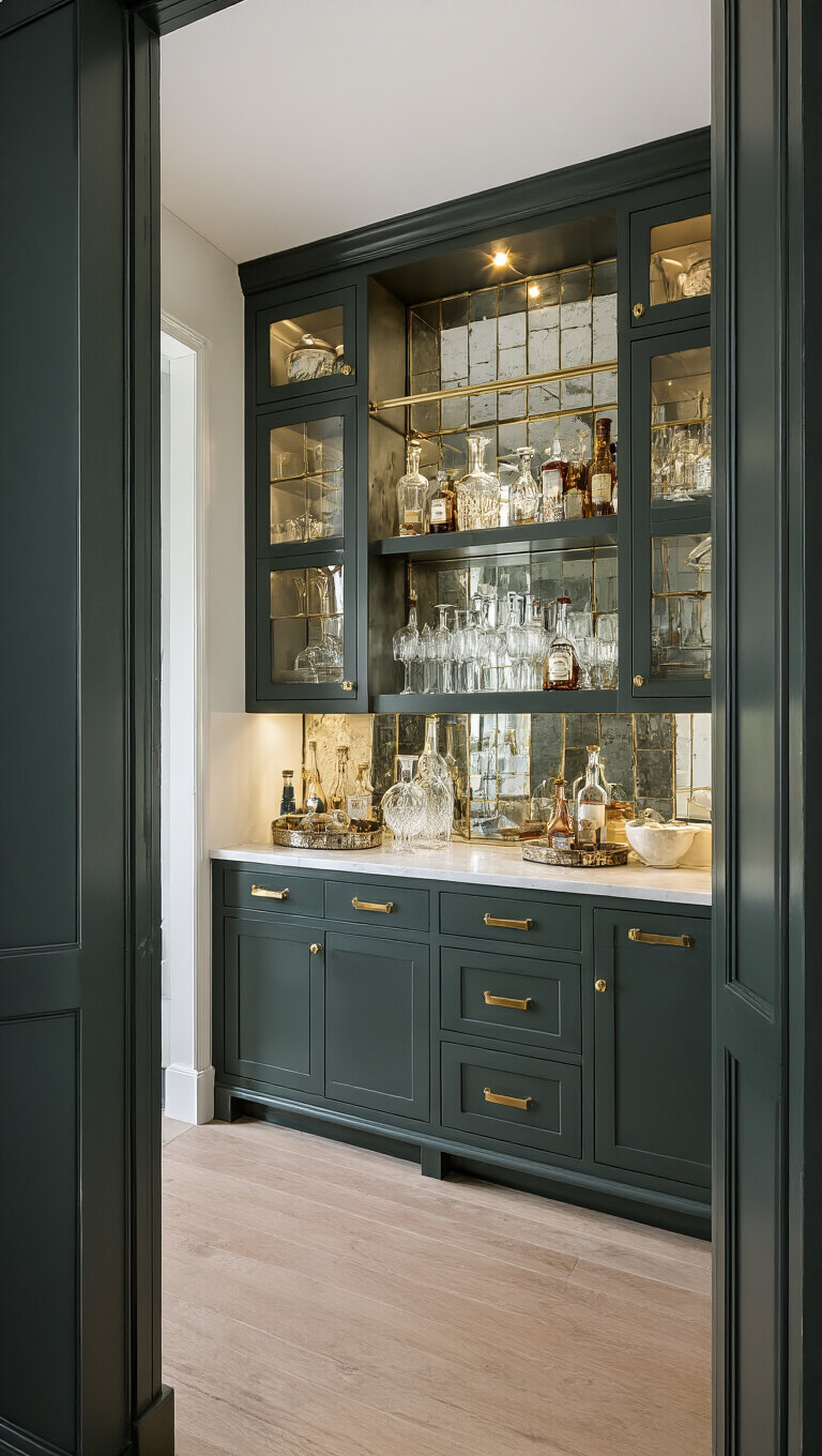 Moody butler's pantry with deep green-gray built-ins, antique mirror backsplash, brass shelving displaying crystal decanters and vintage barware, viewed through doorway with accent lighting highlighting reflective details.