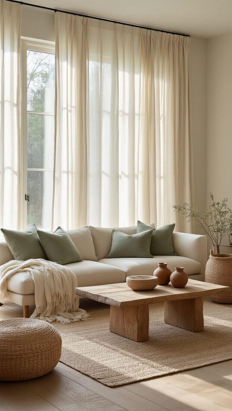 Cozy living room with beige linen sofa, walnut coffee table, and oak floors, bathed in soft morning light through tall linen-curtained windows.