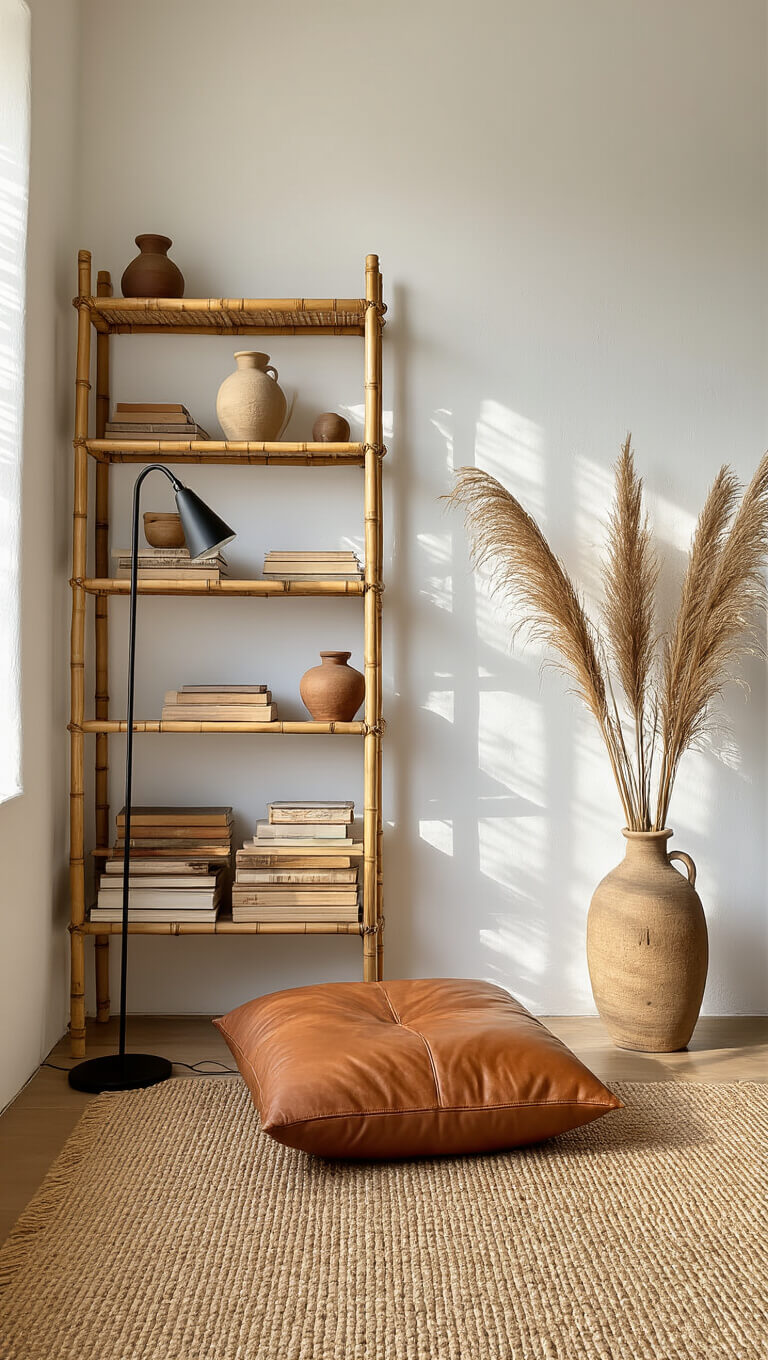Cozy reading nook with leather floor cushion, jute rug, bamboo shelf of books and pottery, bathed in golden hour light.