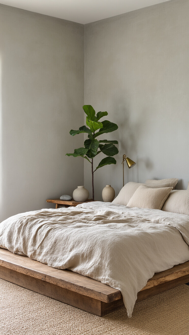 Serene bedroom at dawn with low reclaimed pine bed, oatmeal linen bedding, ceramic bedside tables, brass lamps, fiddle leaf fig, and soft grey walls, captured from corner with natural morning light.