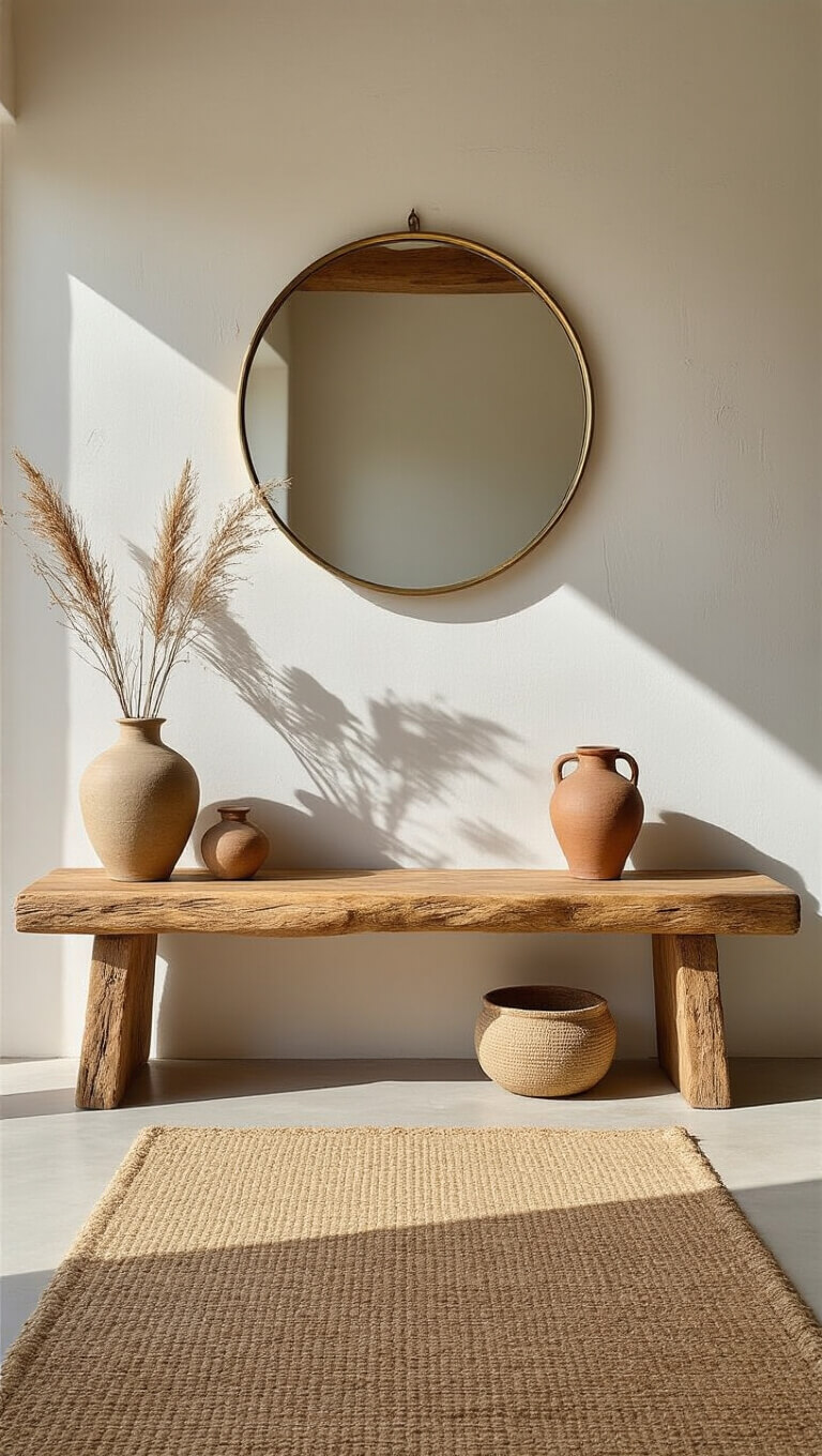 Minimalist 10x8ft entryway with floating oak bench, round brass-framed mirror, sisal runner, ceramic vessels, and dried botanicals in natural midday light.