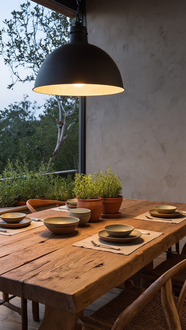 Intimate dining room at dusk with reclaimed teak table, earth-toned ceramics, blackened steel pendant light, and warm grey clay plaster walls.