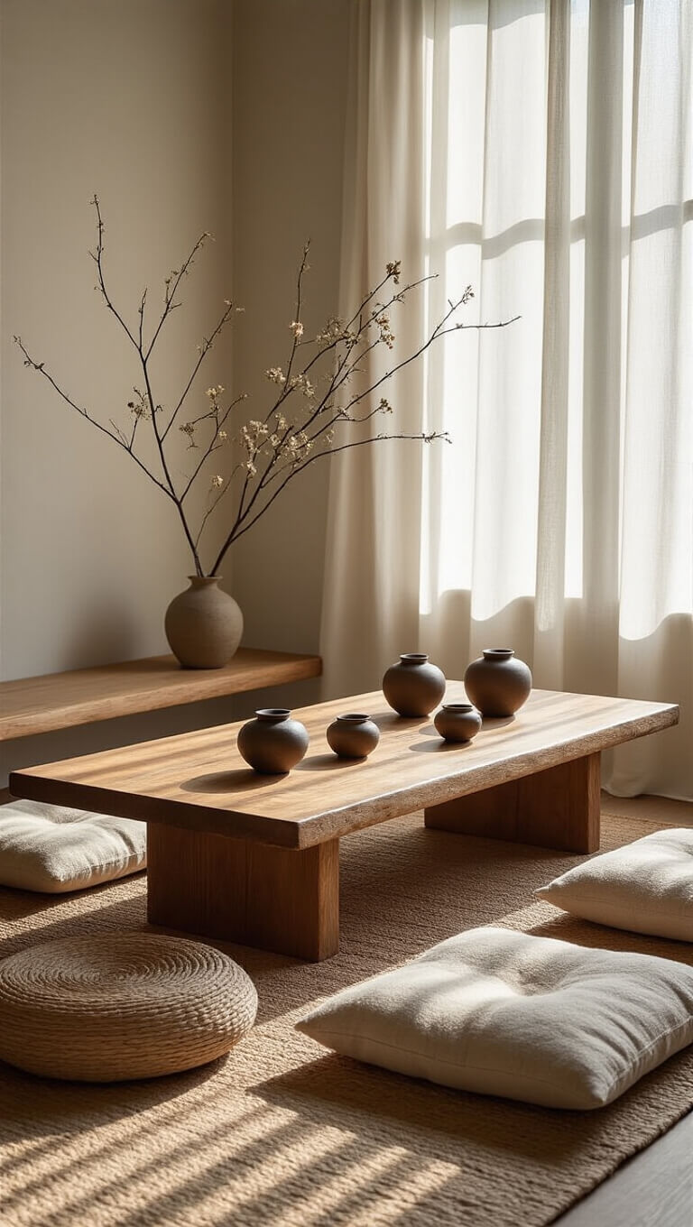 A serene tea corner with a low elm wood table, handmade ceramic tea vessels, natural wool floor cushions, and an ikebana arrangement, softly lit by afternoon light through sheer curtains.