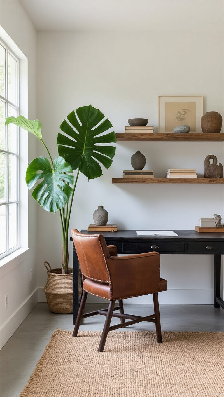 Zen-inspired minimalist home office with blackened oak desk, patinaed leather chair, open shelving, monstera plant, and jute rug on concrete floor, bathed in soft natural light.