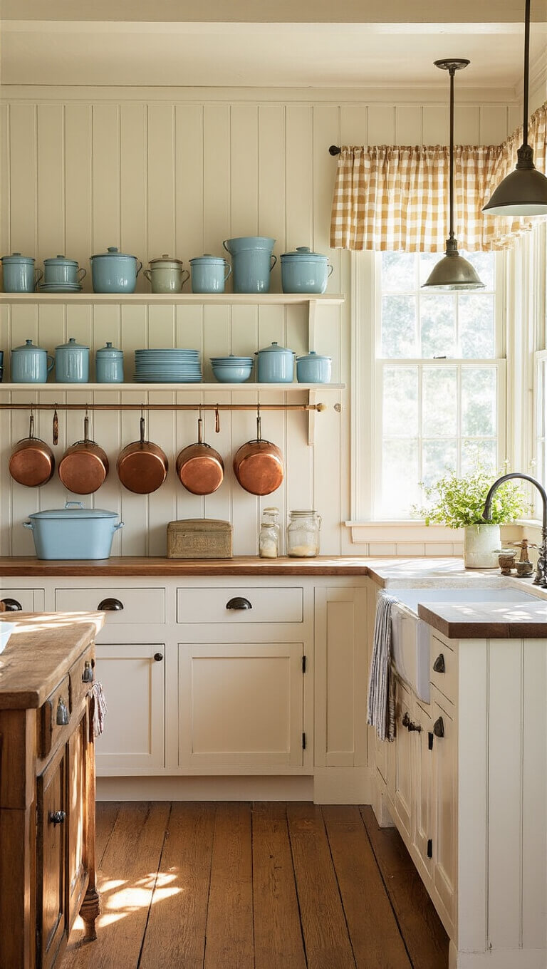 Golden hour farmhouse kitchen with cream beadboard walls, hardwood floors, vintage blue enamelware on shelves, copper pots above a porcelain sink, sunlit gingham curtains, and a butcher block island with antique canisters.