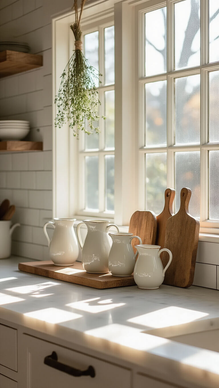 Eye-level view of a sunlit kitchen countertop with ironstone pitchers, worn wooden cutting boards, hanging dried herbs, and a soft marble surface against white subway tiles.