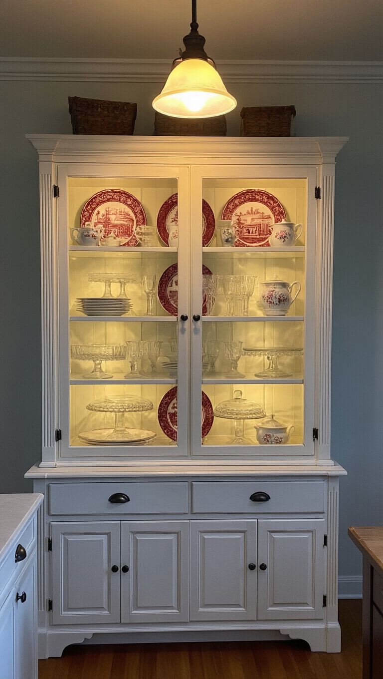 Corner hutch in 10'x12' kitchen during blue hour, showcasing antique glass-front cabinet with milk glass, red transferware plates, and crystal cake stands, softly lit from within and by vintage pendant lamp.