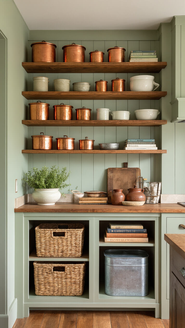 Late afternoon kitchen with open wooden shelves displaying copper molds, earthenware, vintage cookbooks, and metal containers against sage green walls.