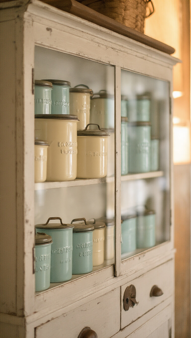Close-up of antique pine cabinet with cream and robin's egg blue enamel canisters, featuring vintage hardware and warm side lighting.