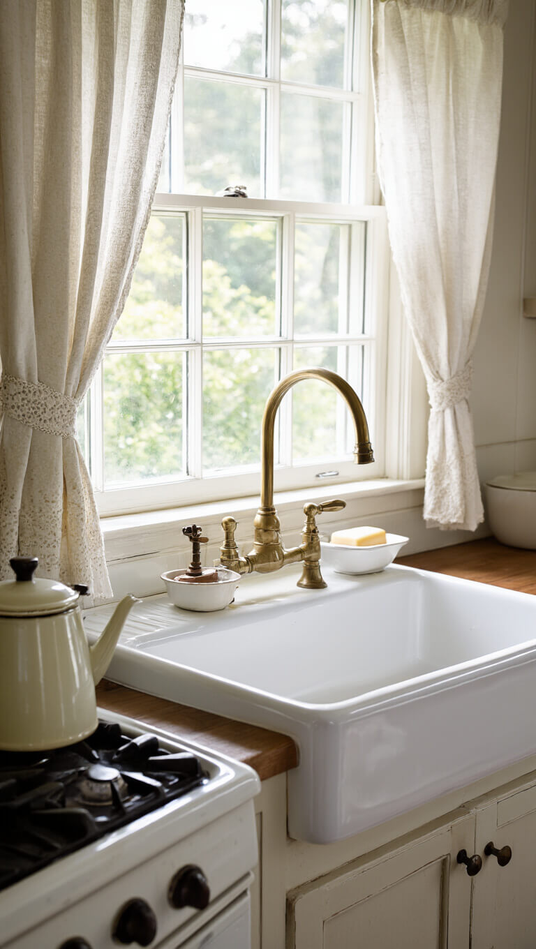 Farmhouse kitchen at breakfast with brass fixtures, porcelain sink, vintage soap dish, and enamel coffee pot by a stove in morning light.