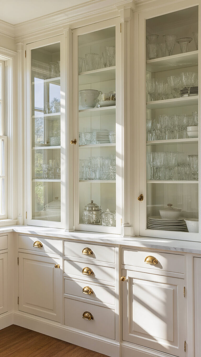 Bright morning light illuminates a butler's pantry with glass-front white cabinets displaying vintage glassware and crystal, creating soft prismatic reflections.