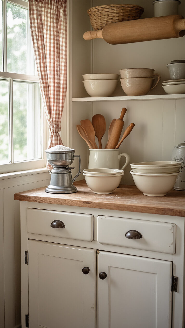 Cozy baking nook with vintage Hoosier cabinet, nested earthenware bowls, wooden rolling pins, and gingham-curtained window in soft afternoon light.