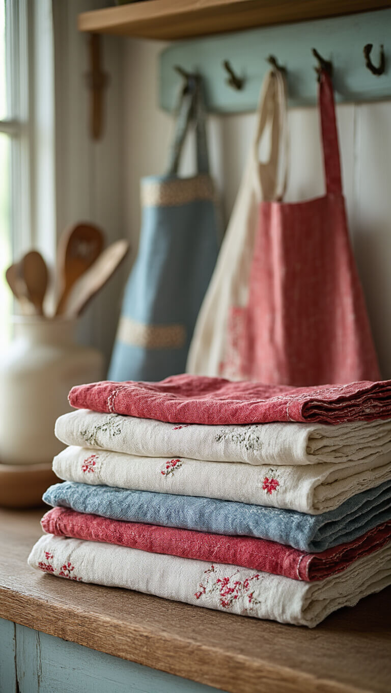 Close-up of vintage flour sack towels and embroidered aprons in muted red and blue tones hanging in a softly lit kitchen, highlighting fabric textures and worn details.