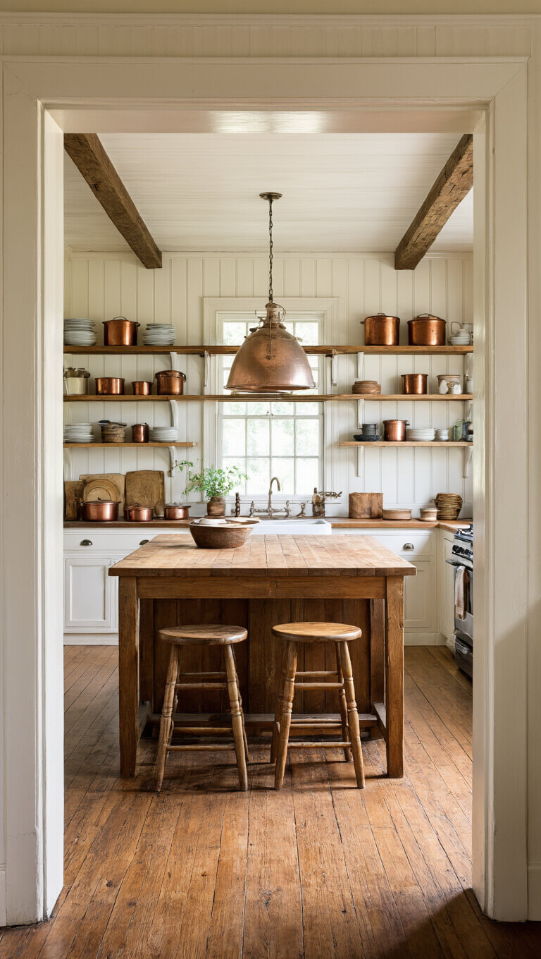 Antique kitchen with cream beadboard walls, exposed beams, butcher block island, vintage stools, and copper pots glowing in golden hour light.