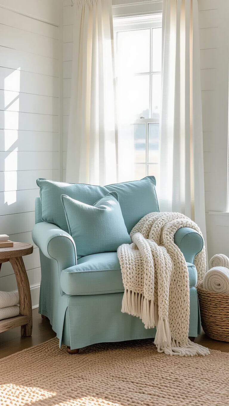 Cozy coastal bedroom corner with seafoam blue armchair, ivory knit throw, driftwood side table, and soft golden hour light filtering through sheer curtains.