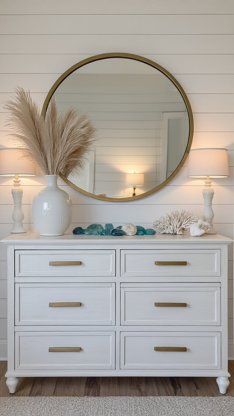 White shiplap dresser with brass round mirror, pampas grass, sea glass, and coral decor at twilight with soft lighting.