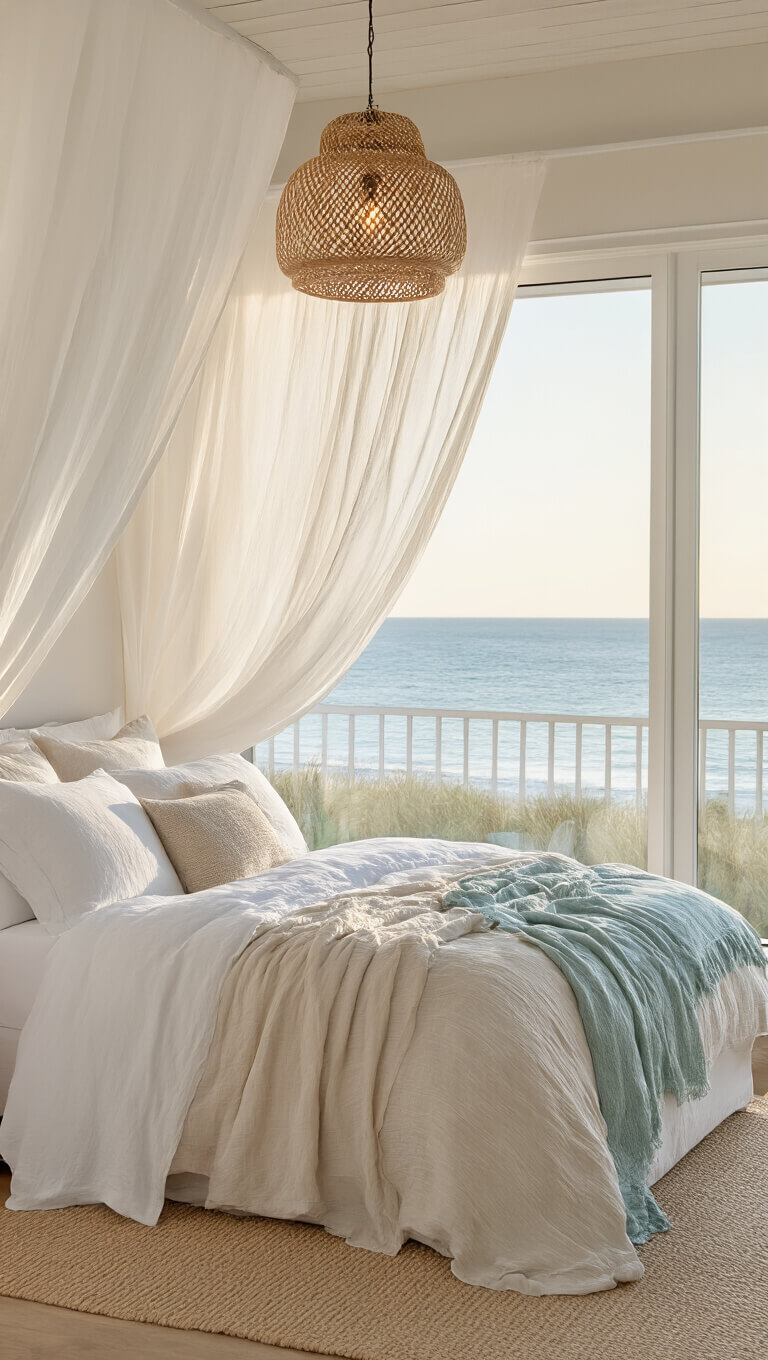 Beachside bedroom at dawn with sheer curtains, layered white and beige bedding, rattan pendant light, and ocean view.
