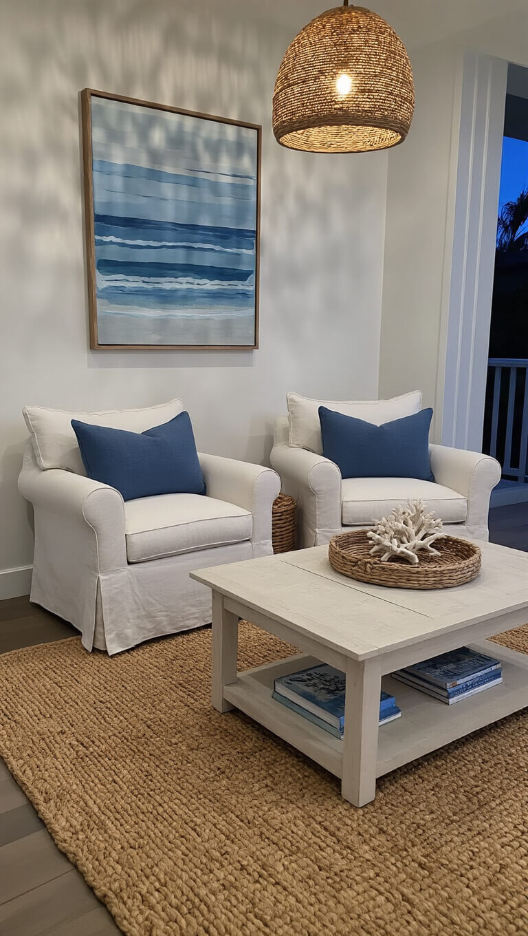 Coastal bedroom sitting area with linen chairs, jute rug, and beach-themed decor in moody dusk lighting.