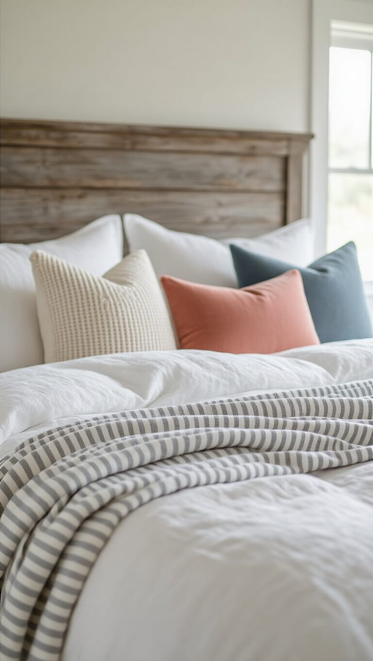 Macro shot of layered coastal bedding with white linen duvet, gray striped throw, textured pillows in knit, coral velvet, blue patterns, and weathered wood headboard in soft morning light.