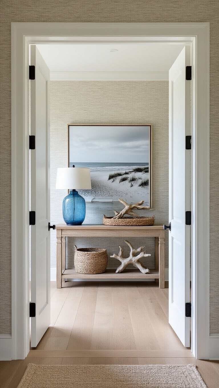 Coastal master suite entryway with white double doors, seagrass wallpaper, white oak floors, driftwood console table, blue glass lamp, and black-and-white beach photography.