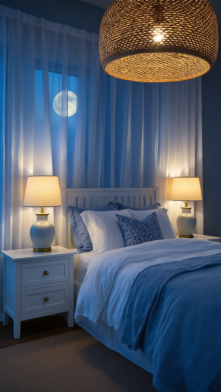 Cozy nighttime coastal bedroom with warm lighting from ceramic lamps and brass sconces, layered white and blue bedding, sheer curtains filtering moonlight, and woven pendant casting ceiling patterns.