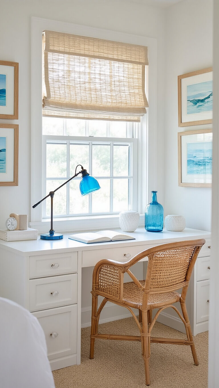 Coastal bedroom workspace with white desk, rattan chair, blue glass lamp, and seascape art in bright afternoon light.