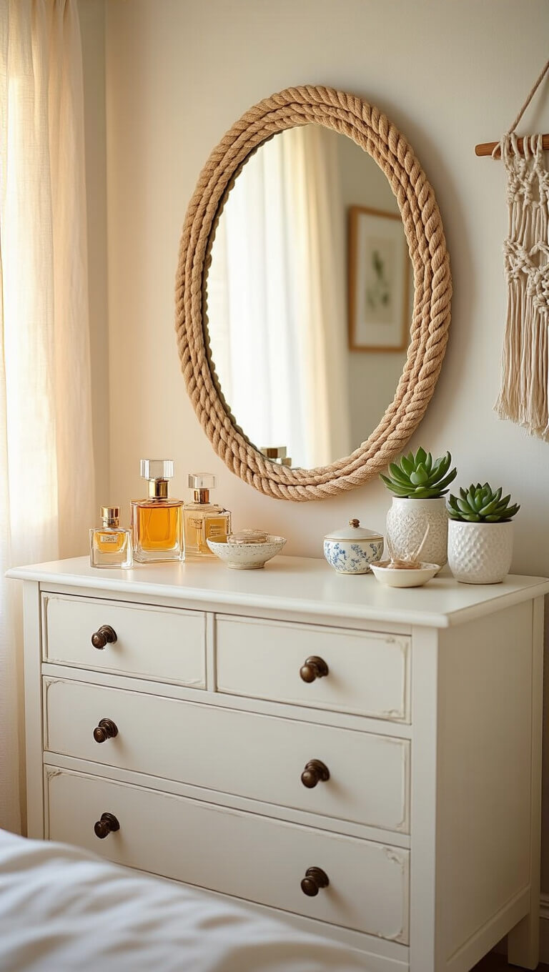 Coastal bedroom vanity at sunrise with vintage white dresser, oval rope-framed mirror, perfume bottles, trinket dishes, succulent, and macramé wall hanging in soft golden light.