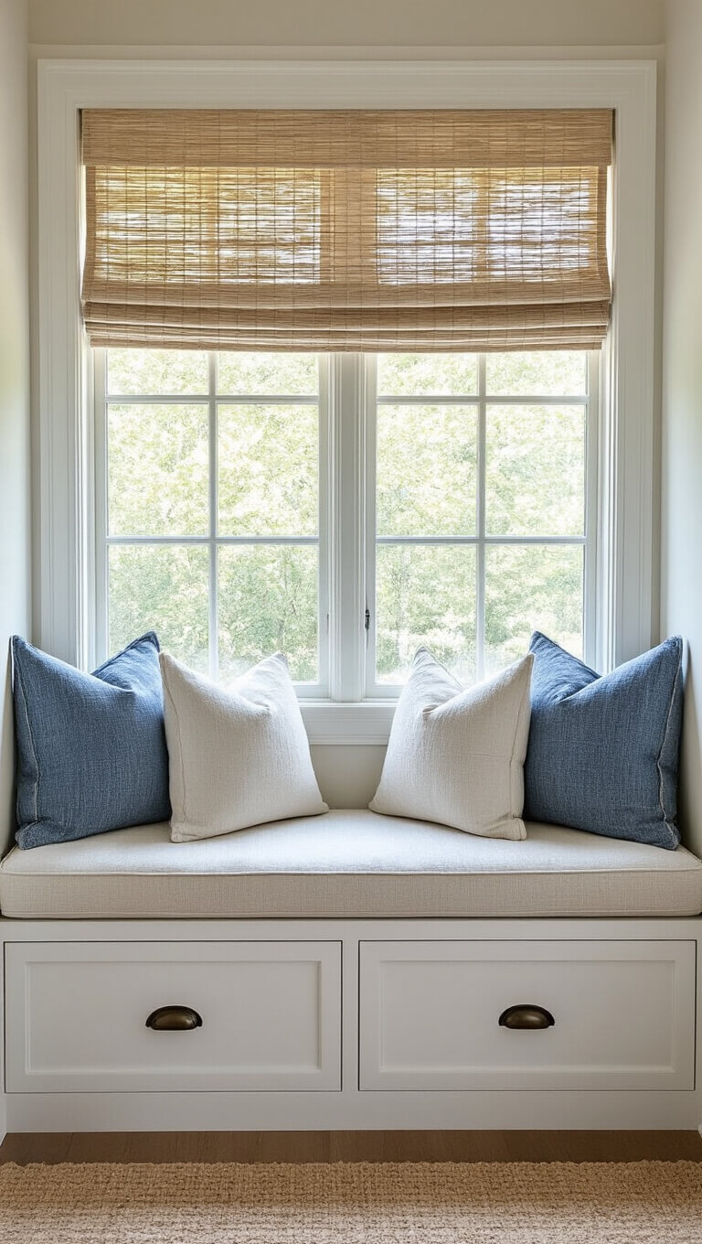 Cozy window seat reading nook with white built-in bench, denim-like cushion, textured pillows, and woven shade filtering afternoon light.