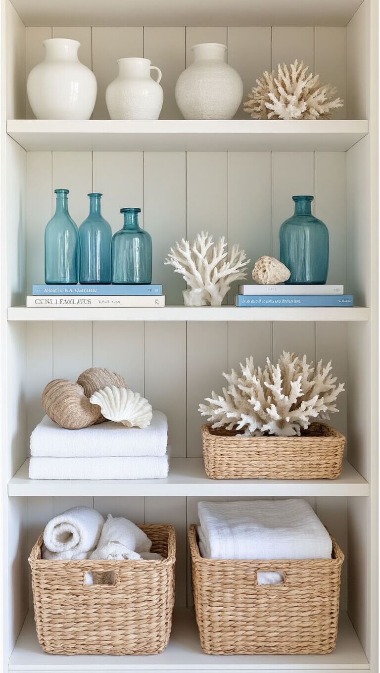 Whitewashed open shelving in coastal bedroom with ceramics, blue glass bottles, coral, driftwood, coffee table books, and woven baskets of linens in soft morning light.