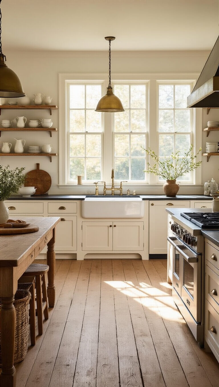 Farmhouse kitchen glowing at golden hour with white oak floors, creamy shaker cabinets, soapstone counters, and antique harvest table under brass pendant light.