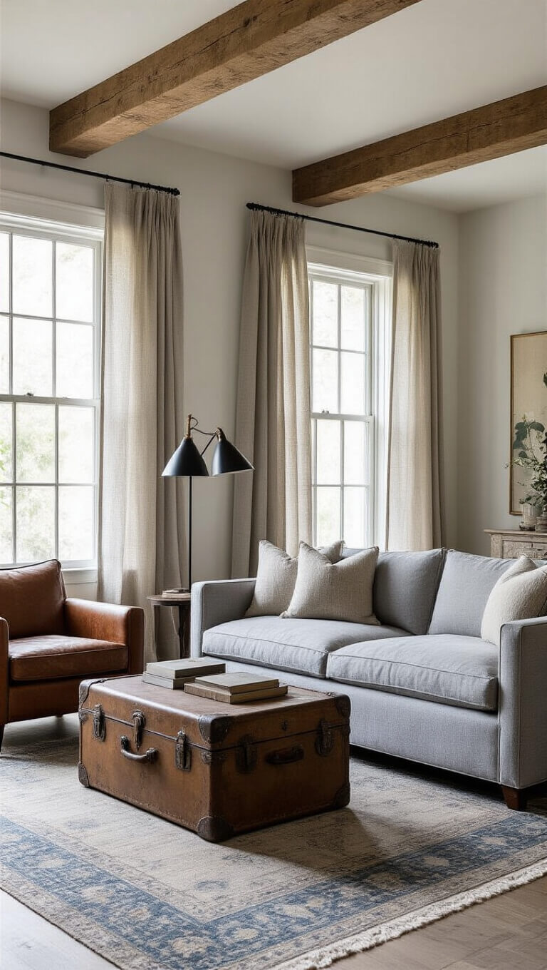 Vintage modern living room with gray linen sofa, leather armchair, and vintage trunk coffee table under exposed wooden beams in natural morning light.