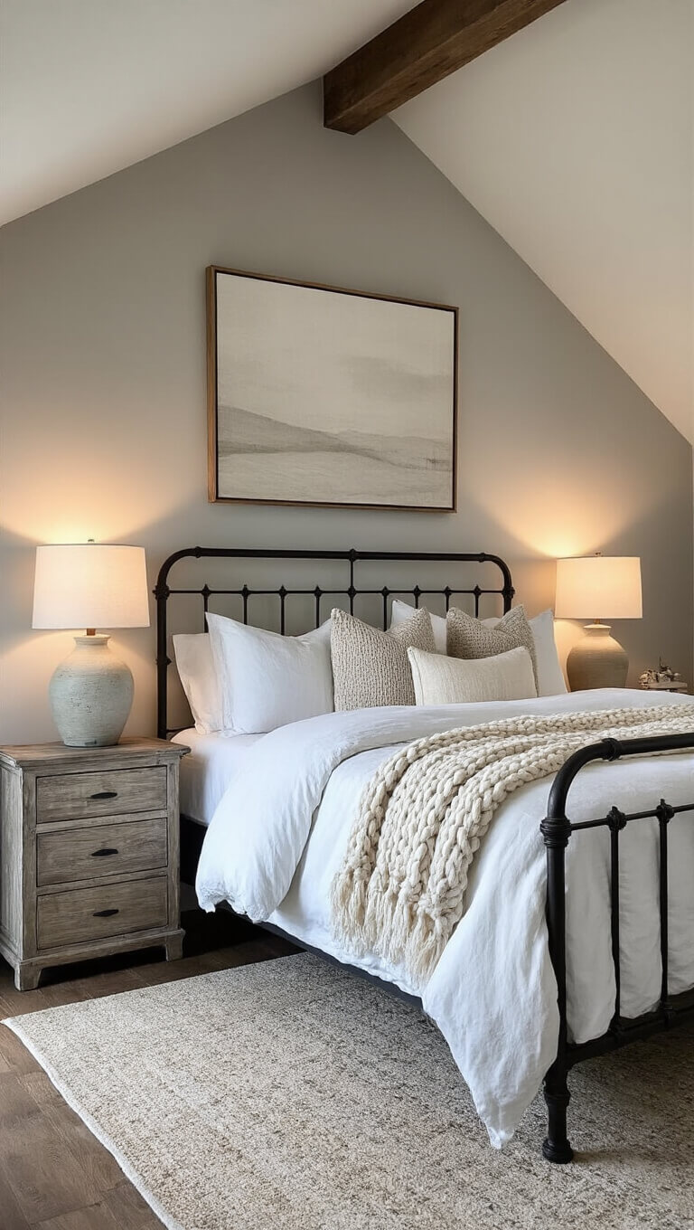 Serene farmhouse bedroom with vaulted ceiling, vintage iron bed in white linens, cozy dusk lighting, and abstract art above headboard.