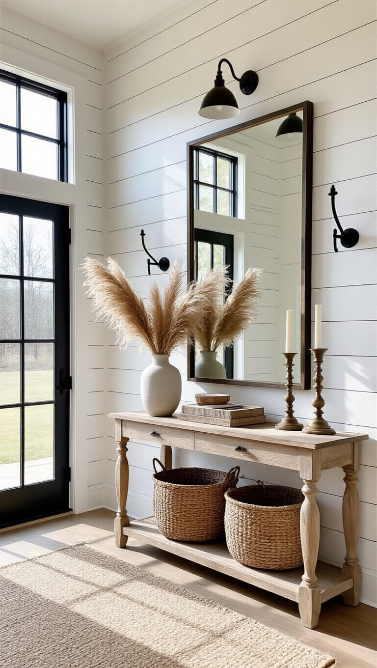 Modern farmhouse entryway with shiplap walls, vintage console table, mirror, pampas grass, and sunlight casting shadows through black-framed windows.