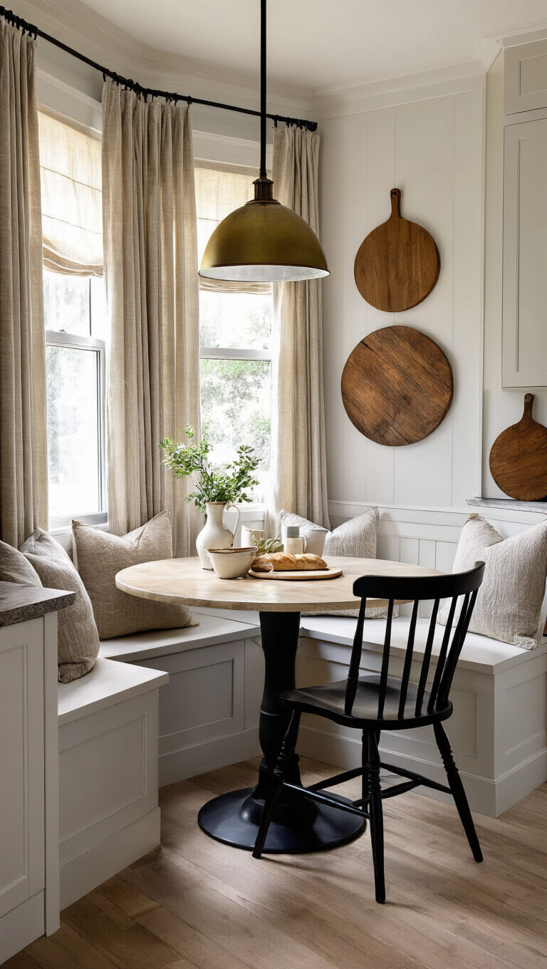 Cozy breakfast nook with built-in bench seating, round pedestal table, vintage black Windsor chairs, antique breadboards on walls, and morning light through cafe curtains.