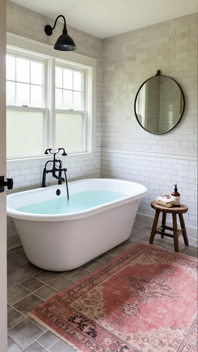Farmhouse bathroom with clawfoot tub, black fixtures, subway tiles, antique stool, Turkish rug, and large round mirror in soft afternoon light.