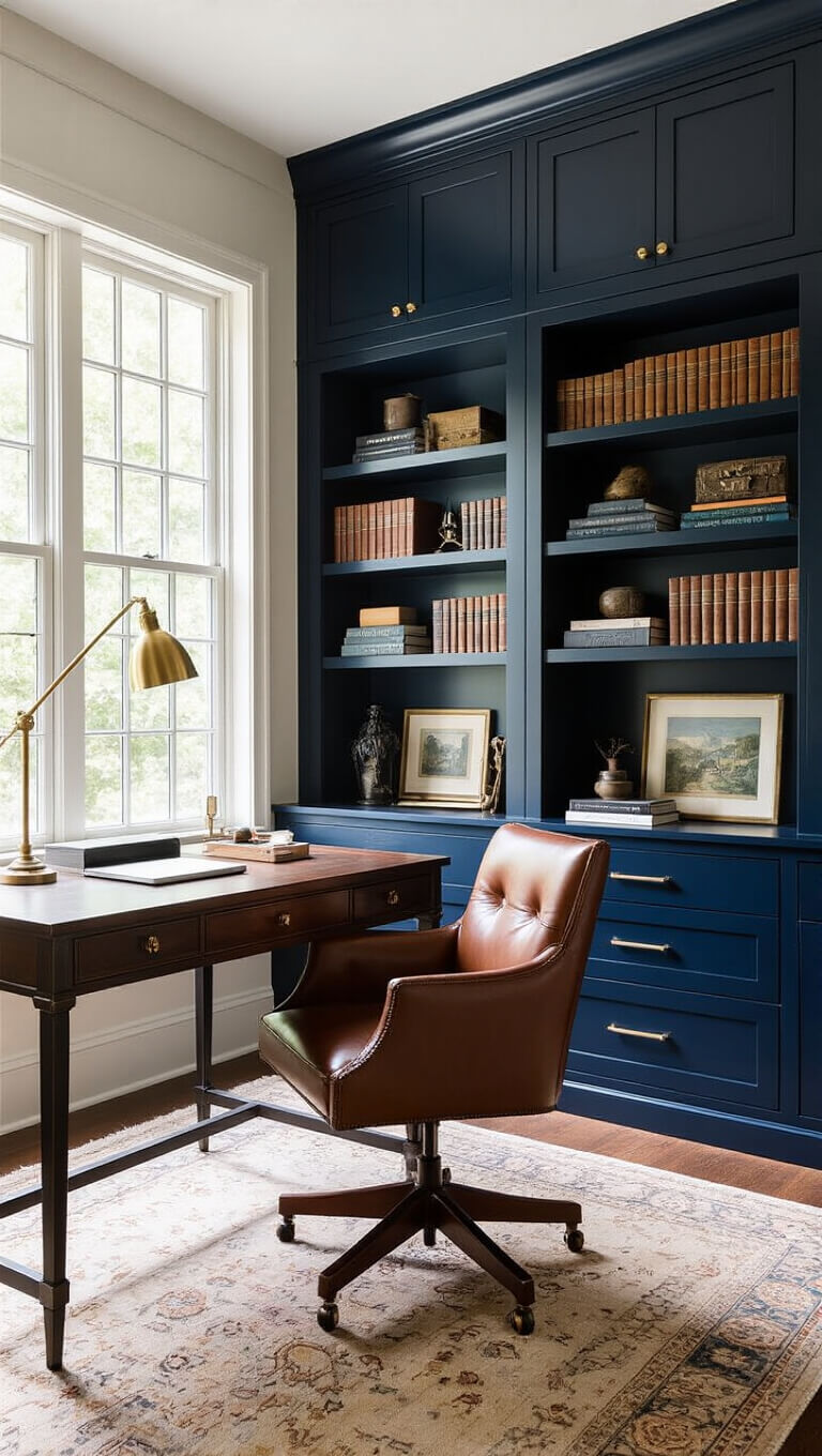 Vintage modern home office with navy built-ins, vintage desk, modern leather chair, antique brass sconces, and north-facing natural light.