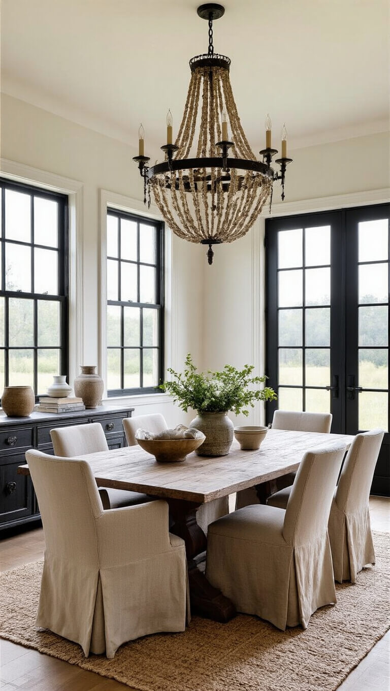 Farmhouse dining room with antique table, modern chairs, and golden hour light through black French doors.