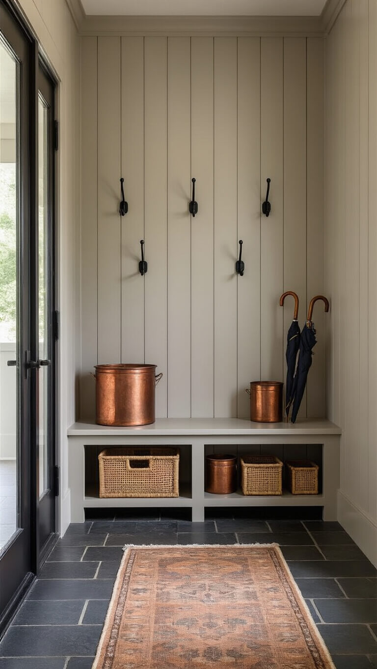 Modern mudroom with board and batten greige walls, black hooks, cane bench, antique copper umbrella holders, slate floor, and vintage runner.